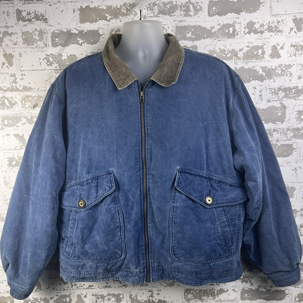 Vtg Eddie Bauer Blue Canvas Coat Sz L Tan Corduroy Collar Down Filled Bomber